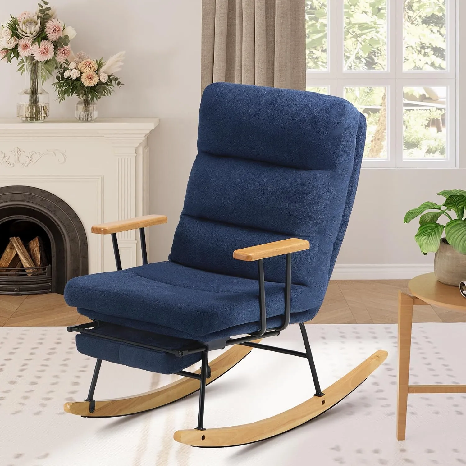 Teddy Upholstered Rocking Chair with Retractable Footrest and Adjustable Backrest - Modern Accent Chair for Living Room/Nursery/Bedroom/Outdoor - Blue