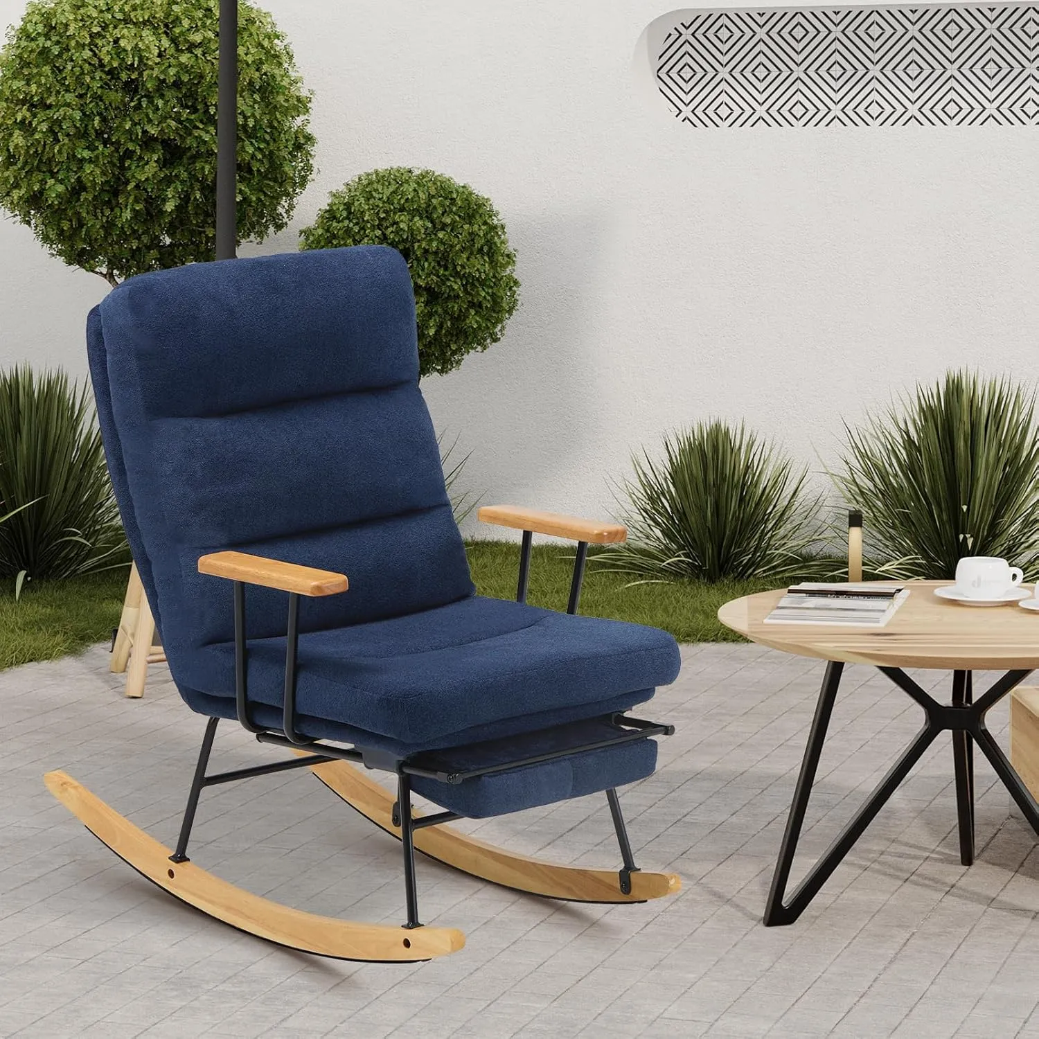 Teddy Upholstered Rocking Chair with Retractable Footrest and Adjustable Backrest - Modern Accent Chair for Living Room/Nursery/Bedroom/Outdoor - Blue
