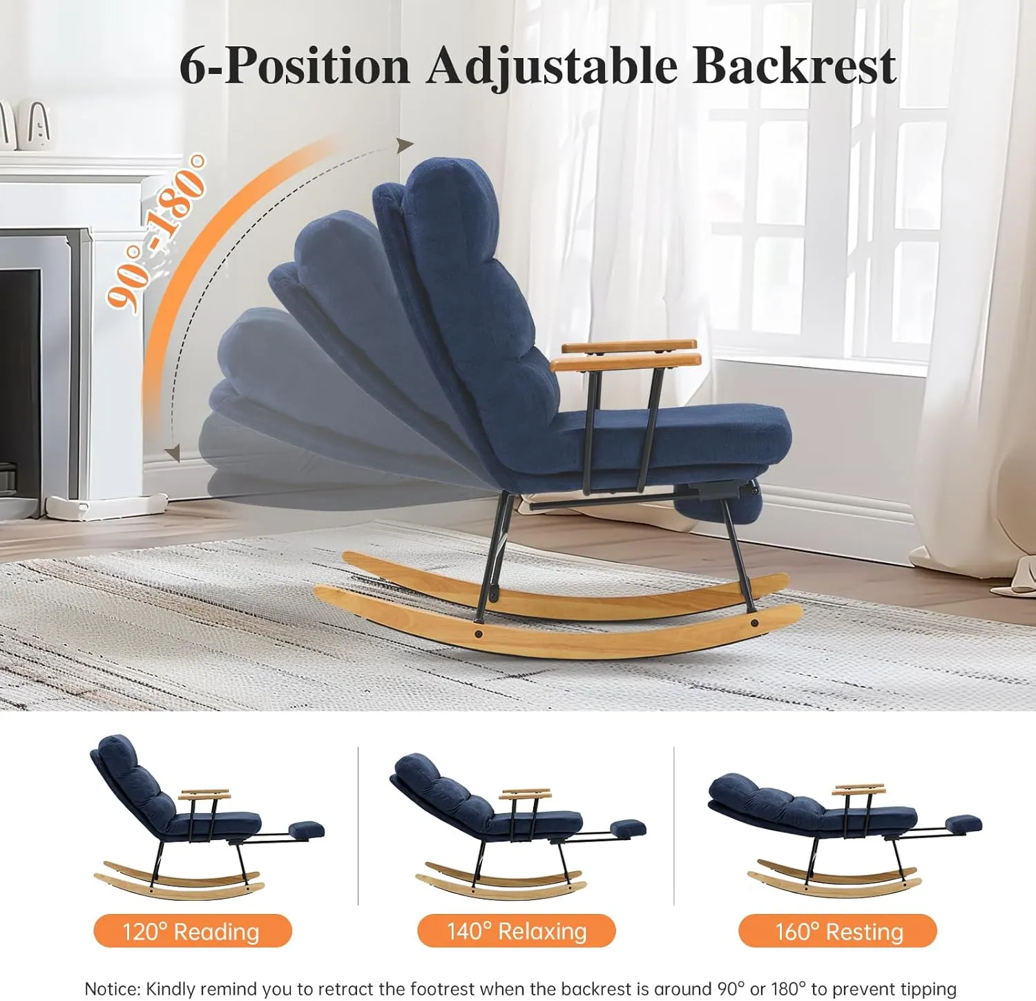 Teddy Upholstered Rocking Chair with Retractable Footrest and Adjustable Backrest - Modern Accent Chair for Living Room/Nursery/Bedroom/Outdoor - Blue