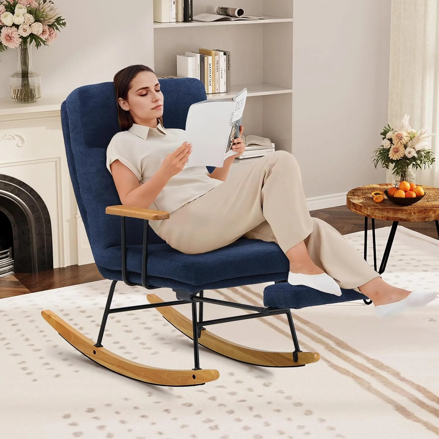 Teddy Upholstered Rocking Chair with Retractable Footrest and Adjustable Backrest - Modern Accent Chair for Living Room/Nursery/Bedroom/Outdoor - Blue