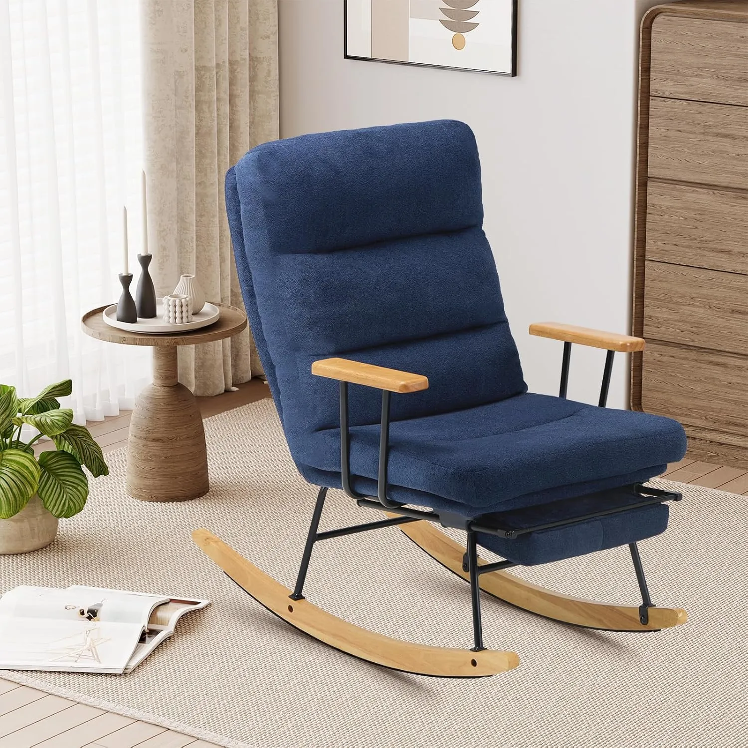 Teddy Upholstered Rocking Chair with Retractable Footrest and Adjustable Backrest - Modern Accent Chair for Living Room/Nursery/Bedroom/Outdoor - Blue
