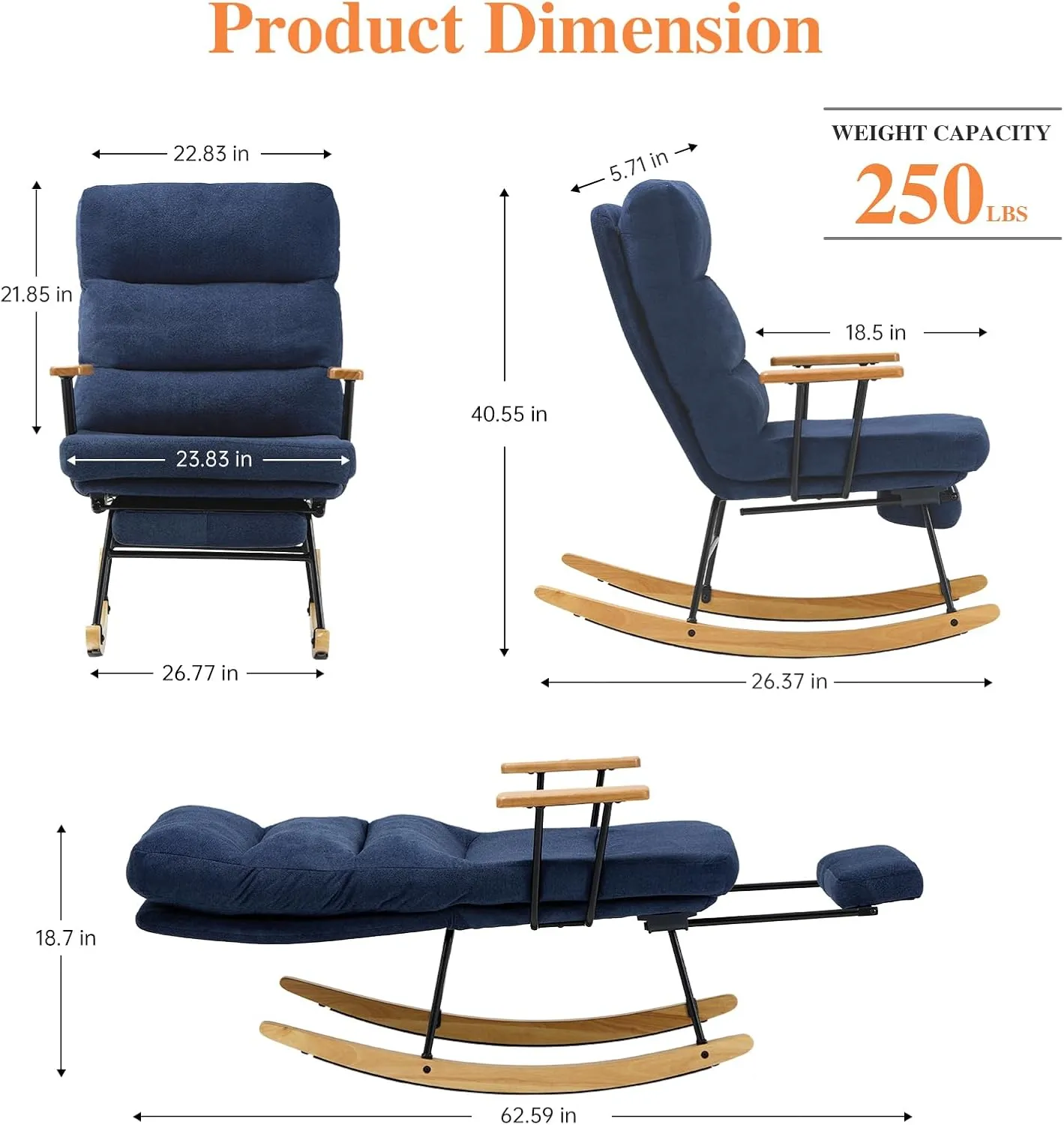 Teddy Upholstered Rocking Chair with Retractable Footrest and Adjustable Backrest - Modern Accent Chair for Living Room/Nursery/Bedroom/Outdoor - Blue