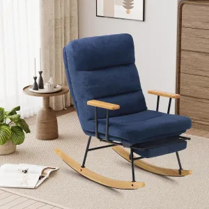 Teddy Upholstered Rocking Chair with Retractable Footrest and Adjustable Backrest - Modern Accent Chair for Living Room/Nursery/Bedroom/Outdoor - Blue
