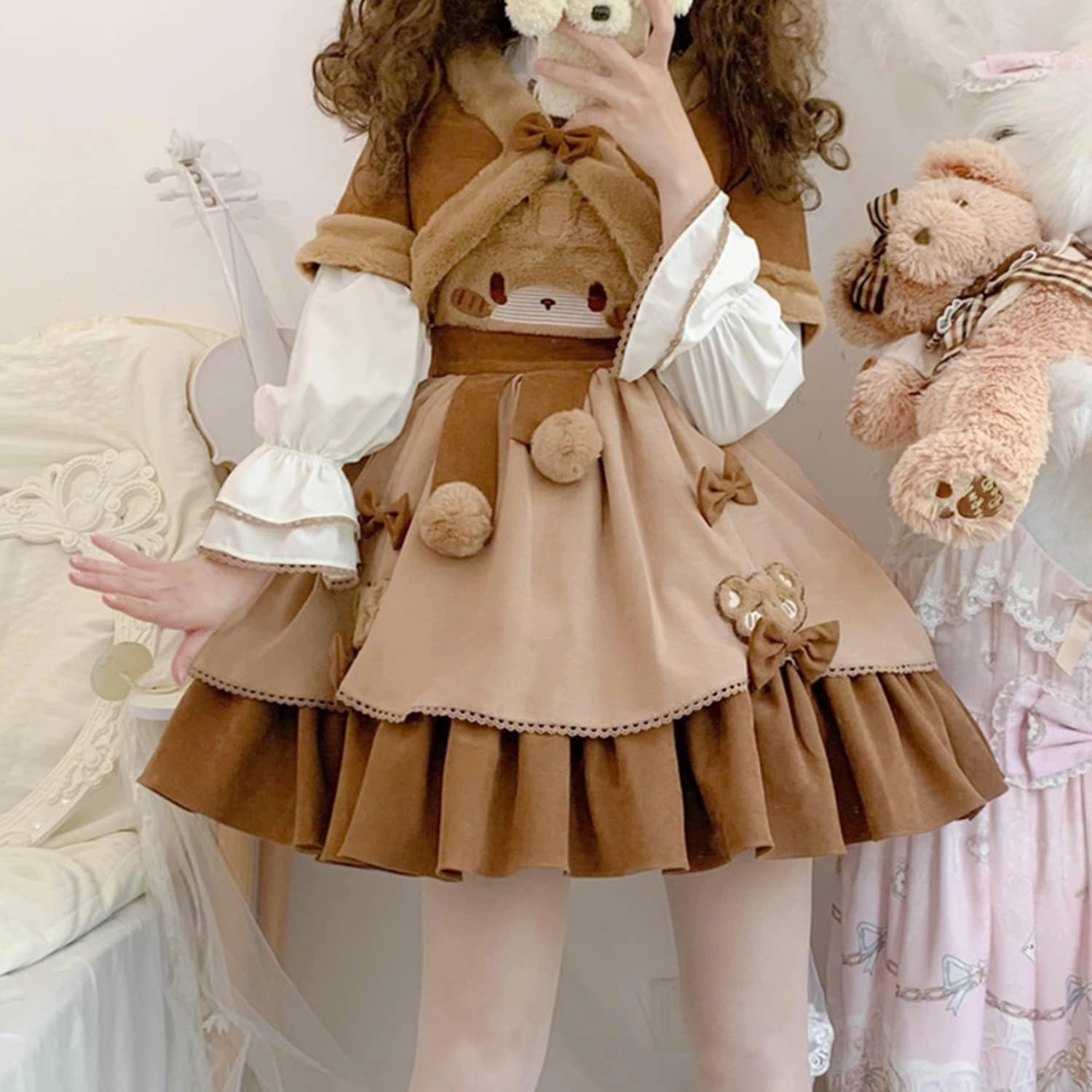 Teen Girls Japanese Kawaii Lolita Costume Plush Cute Bear Suspender Dress Sweet High Waist Princess Party Dresses