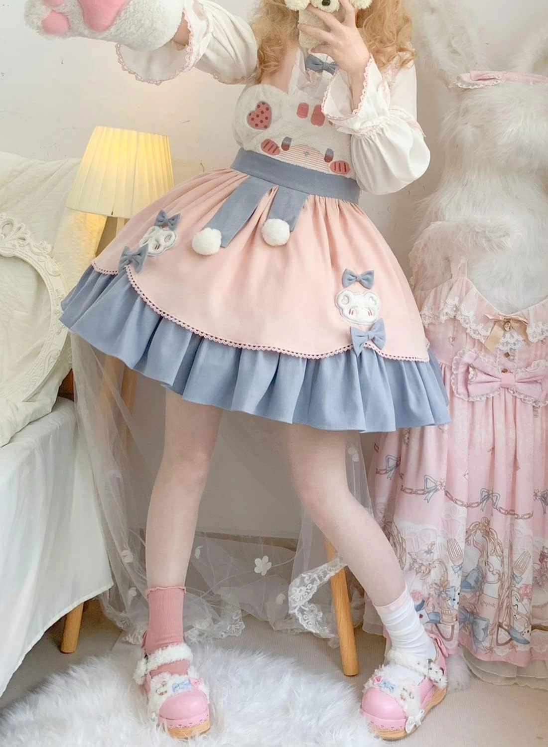 Teen Girls Japanese Kawaii Lolita Costume Plush Cute Bear Suspender Dress Sweet High Waist Princess Party Dresses