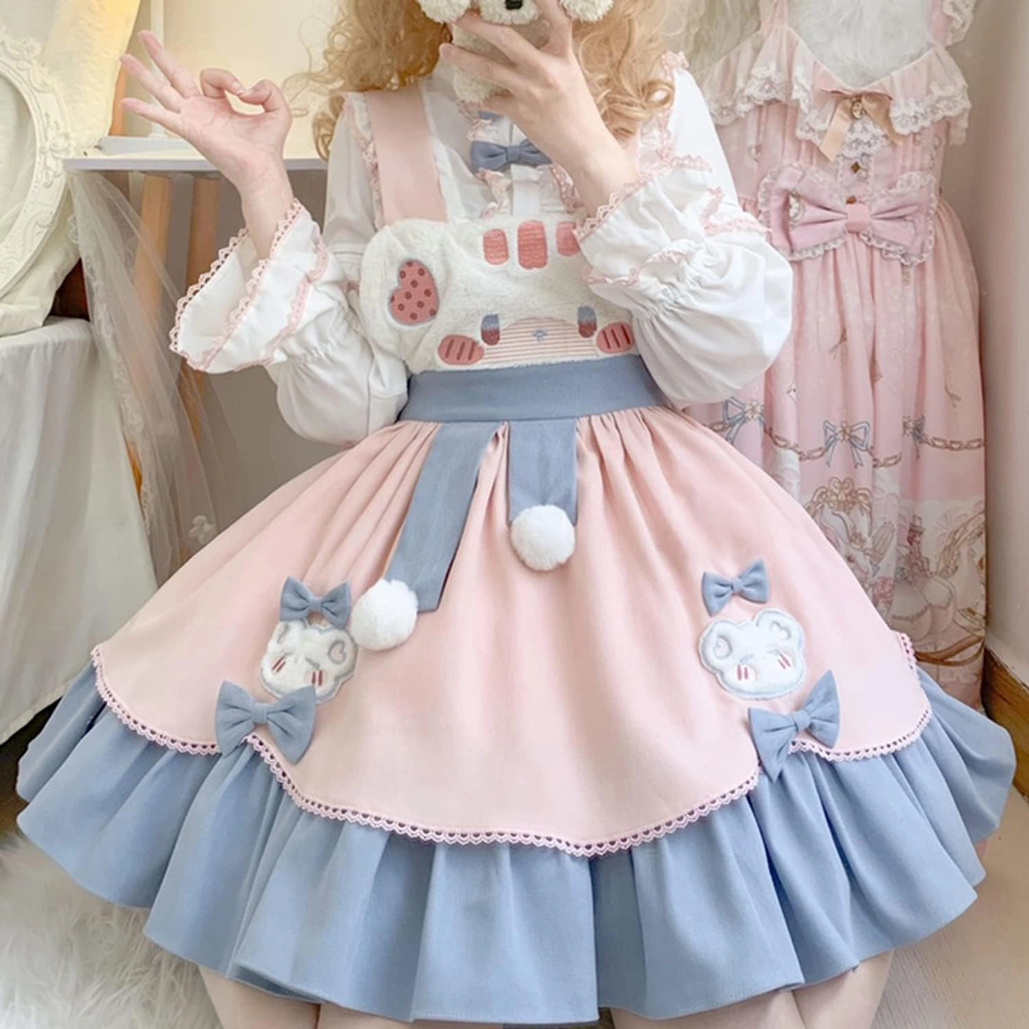 Teen Girls Japanese Kawaii Lolita Costume Plush Cute Bear Suspender Dress Sweet High Waist Princess Party Dresses