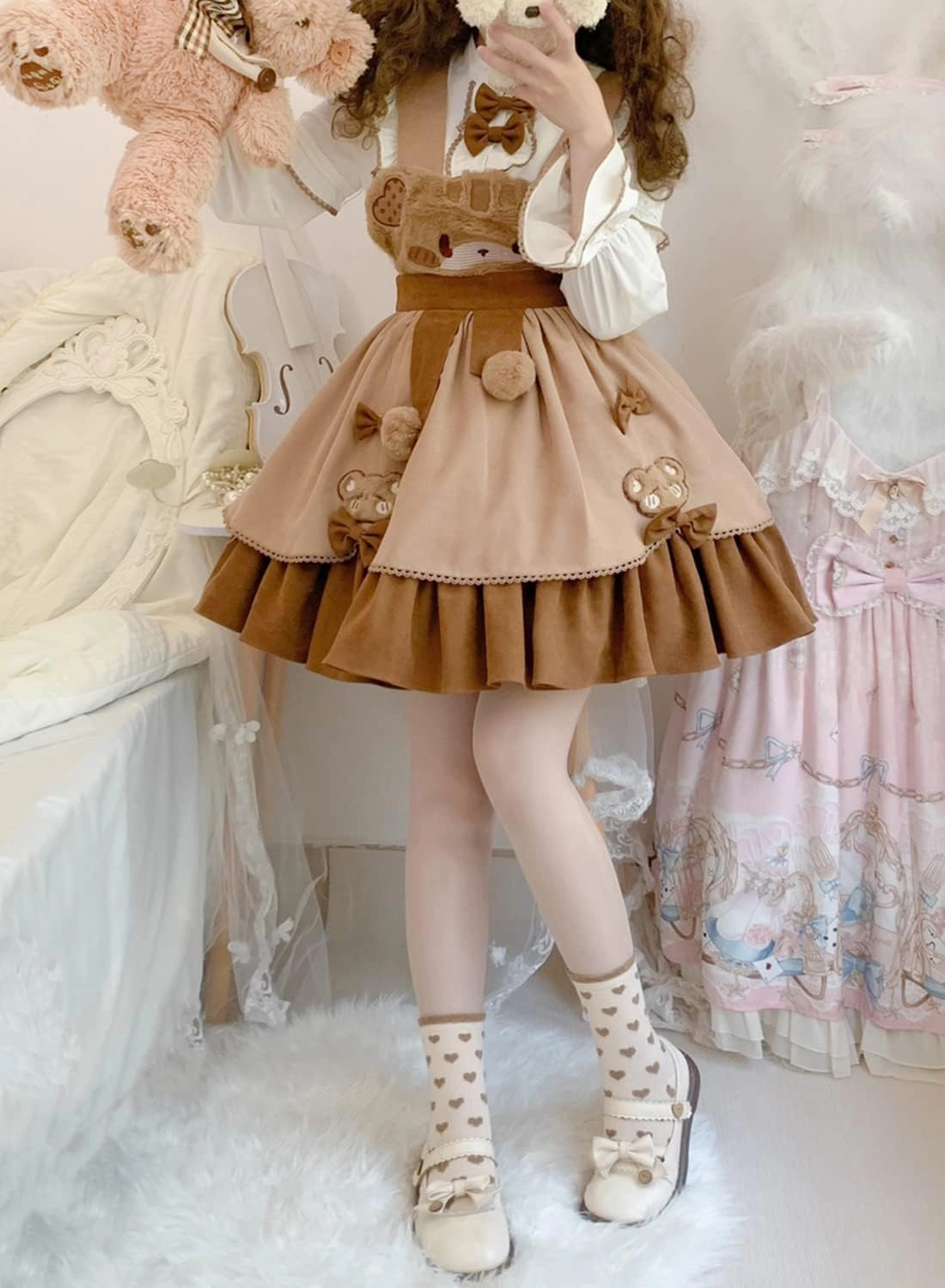 Teen Girls Japanese Kawaii Lolita Costume Plush Cute Bear Suspender Dress Sweet High Waist Princess Party Dresses