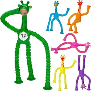 Telescopic Suction Cup Giraffe Toys for Toddler Restaurant Dinner Table Activities, Stretchy Animal Pop Tubes, Telescopic Sensory Toys for Kids with Autism Anxiety Ages 3 4 5 | 12 Pack