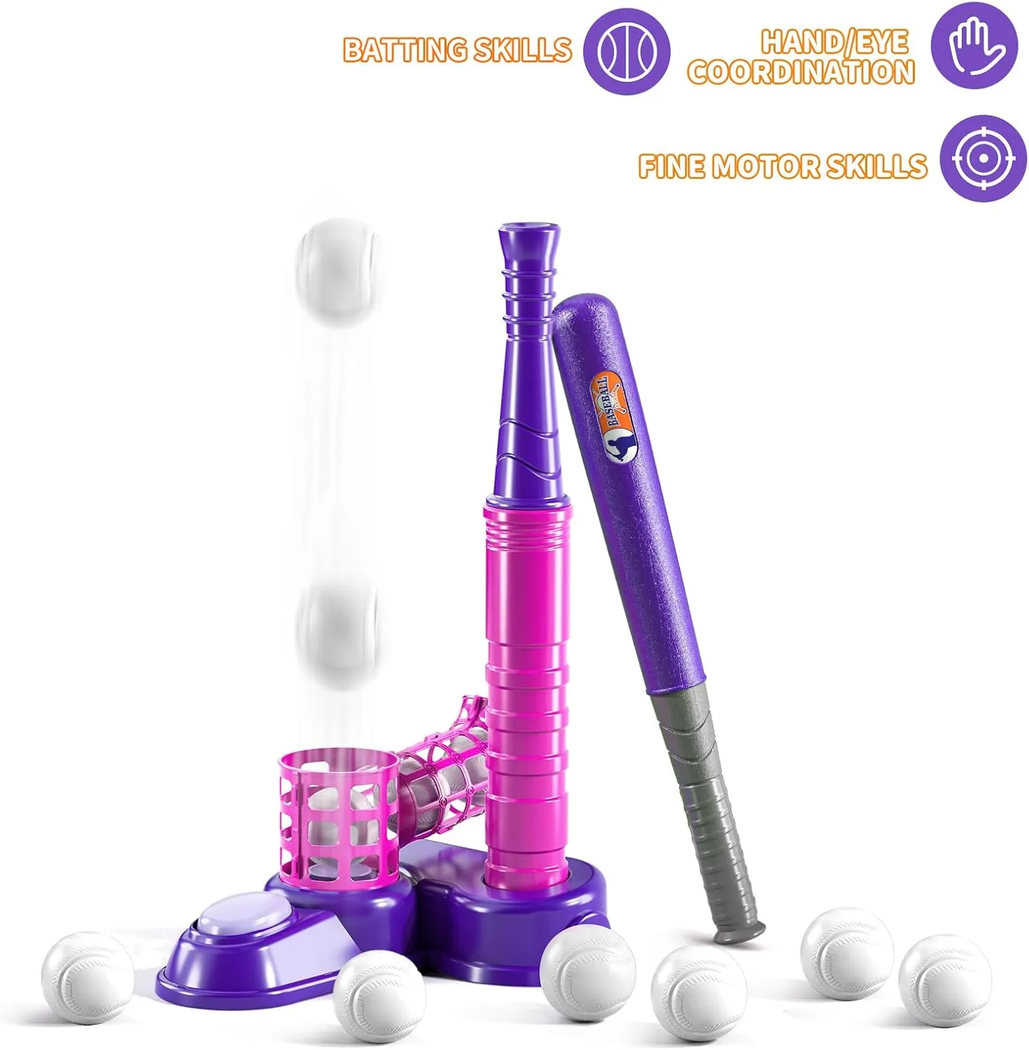 TEMI 2 in 1 Tee Ball Set for Kids 3-8, Kids Baseball T-Ball Set with 10 Balls, Step on Pitching Machine, Batting Tee, Outdoor Sport Toy Games for 3-12 Year Old Boys Girls Toddler