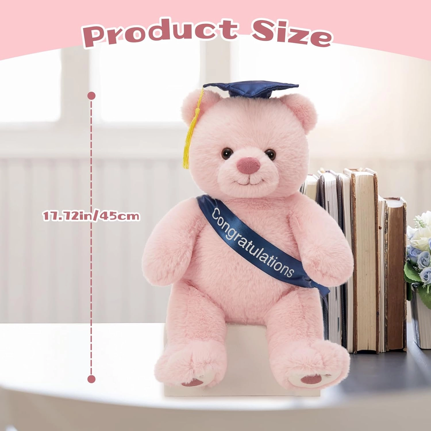 Tezituor Graduation Teddy Bear Stuffed Animals Plush, 18inch Large Stuffed Bear Plush with Graduation Hat, Cute Pink Teddy Bear Gift for Friend, Relatives, Kids