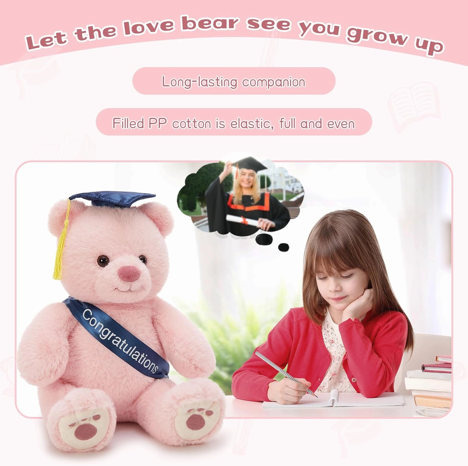Tezituor Graduation Teddy Bear Stuffed Animals Plush, 18inch Large Stuffed Bear Plush with Graduation Hat, Cute Pink Teddy Bear Gift for Friend, Relatives, Kids