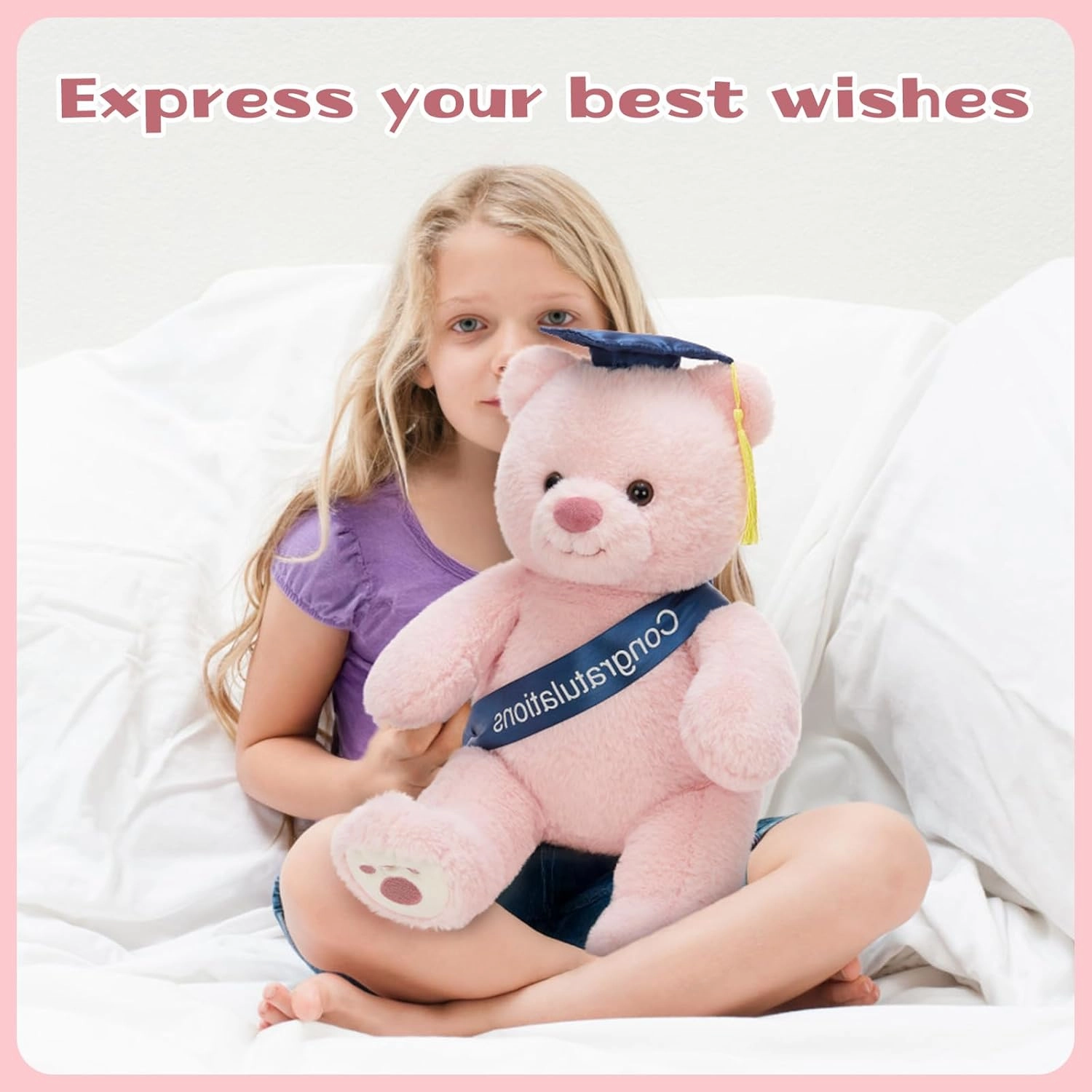Tezituor Graduation Teddy Bear Stuffed Animals Plush, 18inch Large Stuffed Bear Plush with Graduation Hat, Cute Pink Teddy Bear Gift for Friend, Relatives, Kids