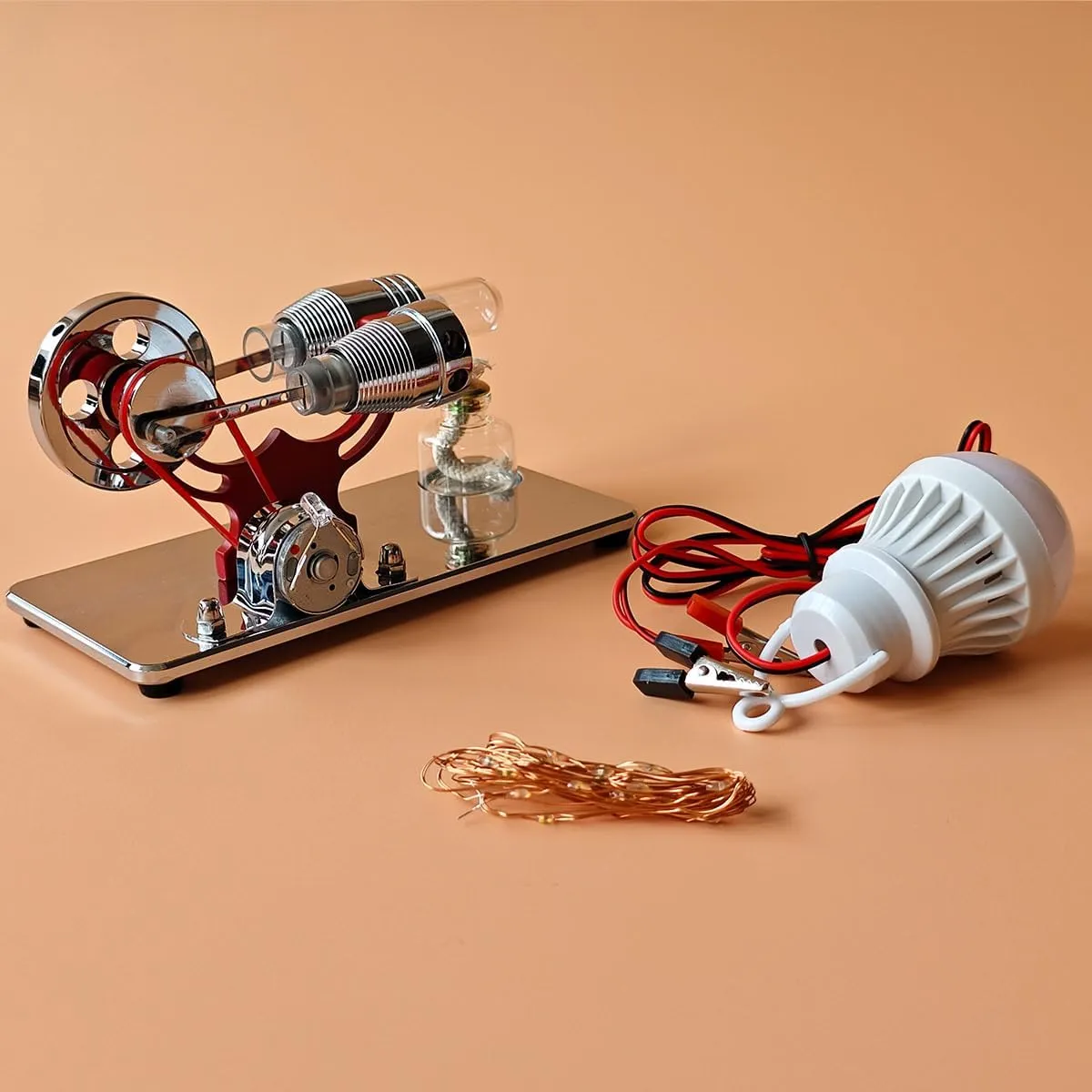 Thermal Air Stirling Engine Model Kit, γ-Type Mirror-Reflective Hot Air Engine Generator Model, Hot Air Stirling Engine Kit with LED Bulb String, Science Education Gift -RTR