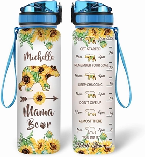 TheSunCozy Personalized Mama Bear Sunflower 32oz 1Liter Motivational Water Bottle, Customized Name Tracking Sunflower Water Bottle With Time 5.7 x 7 x29.5(cm)
