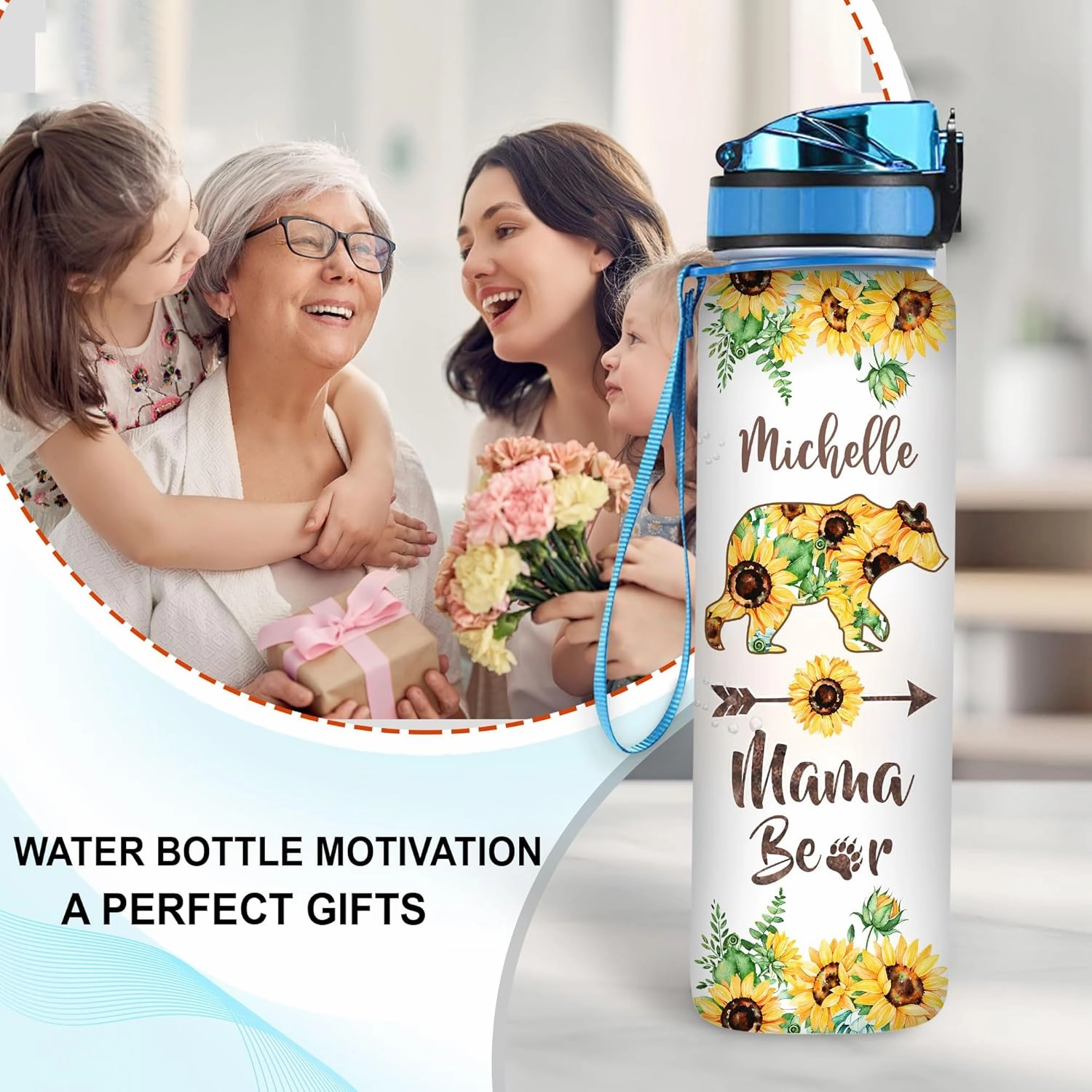TheSunCozy Personalized Mama Bear Sunflower 32oz 1Liter Motivational Water Bottle, Customized Name Tracking Sunflower Water Bottle With Time 5.7 x 7 x29.5(cm)