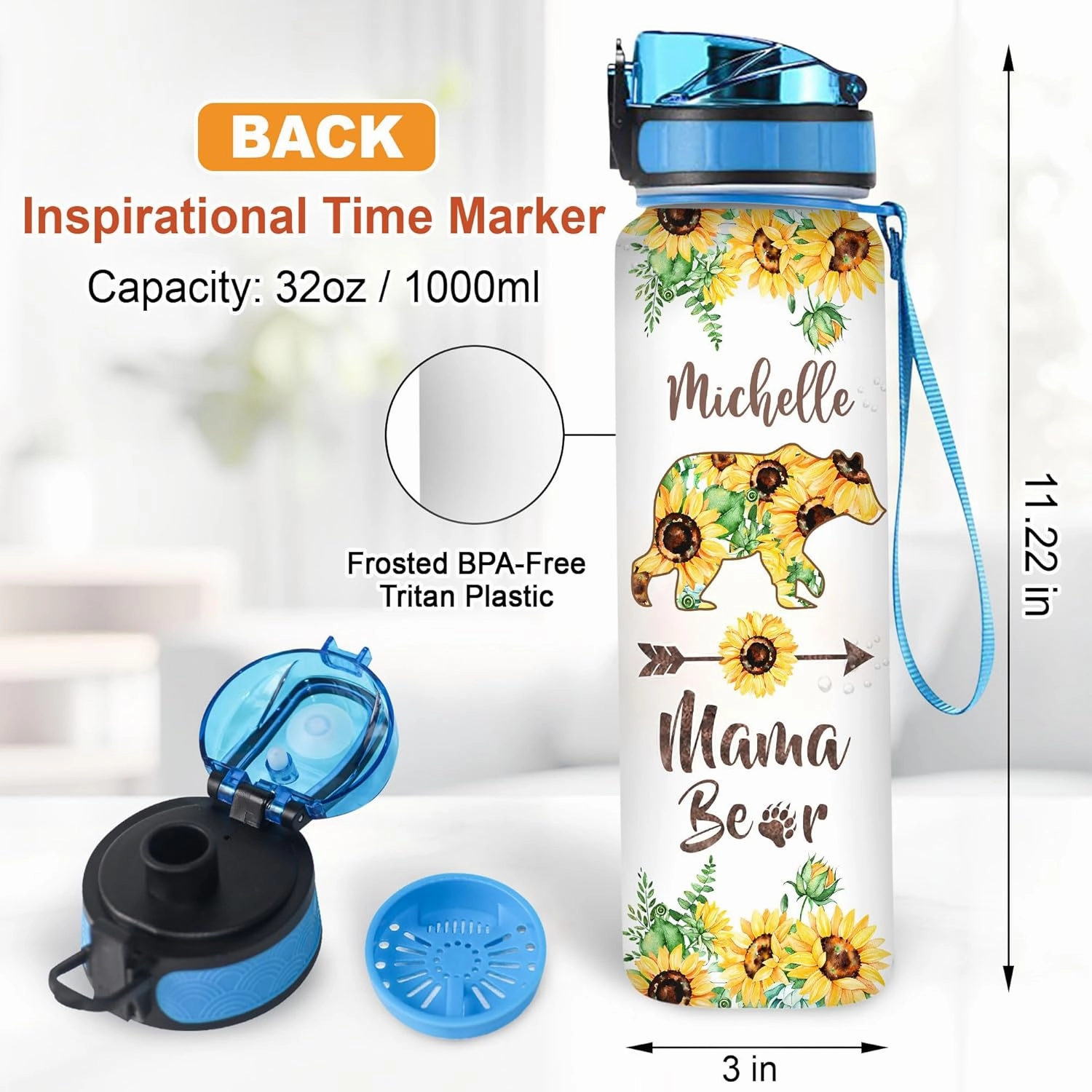TheSunCozy Personalized Mama Bear Sunflower 32oz 1Liter Motivational Water Bottle, Customized Name Tracking Sunflower Water Bottle With Time 5.7 x 7 x29.5(cm)