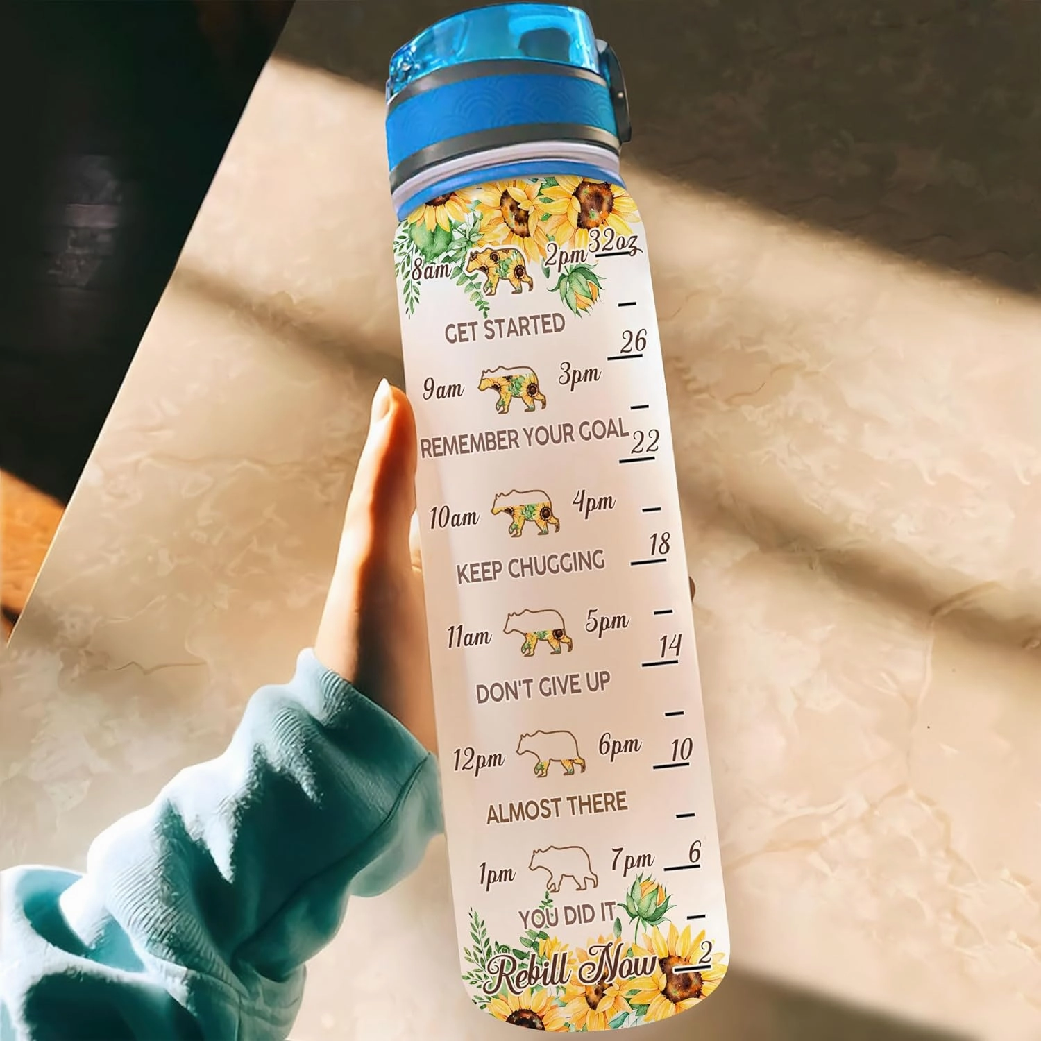 TheSunCozy Personalized Mama Bear Sunflower 32oz 1Liter Motivational Water Bottle, Customized Name Tracking Sunflower Water Bottle With Time 5.7 x 7 x29.5(cm)