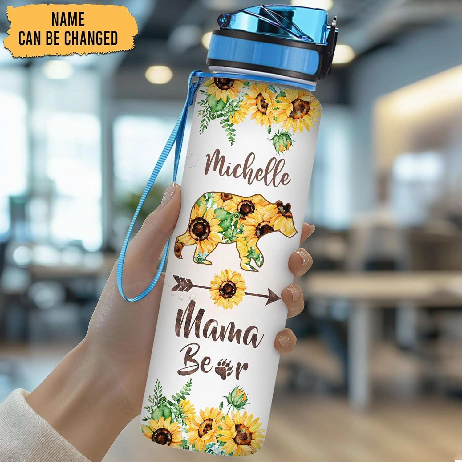 TheSunCozy Personalized Mama Bear Sunflower 32oz 1Liter Motivational Water Bottle, Customized Name Tracking Sunflower Water Bottle With Time 5.7 x 7 x29.5(cm)