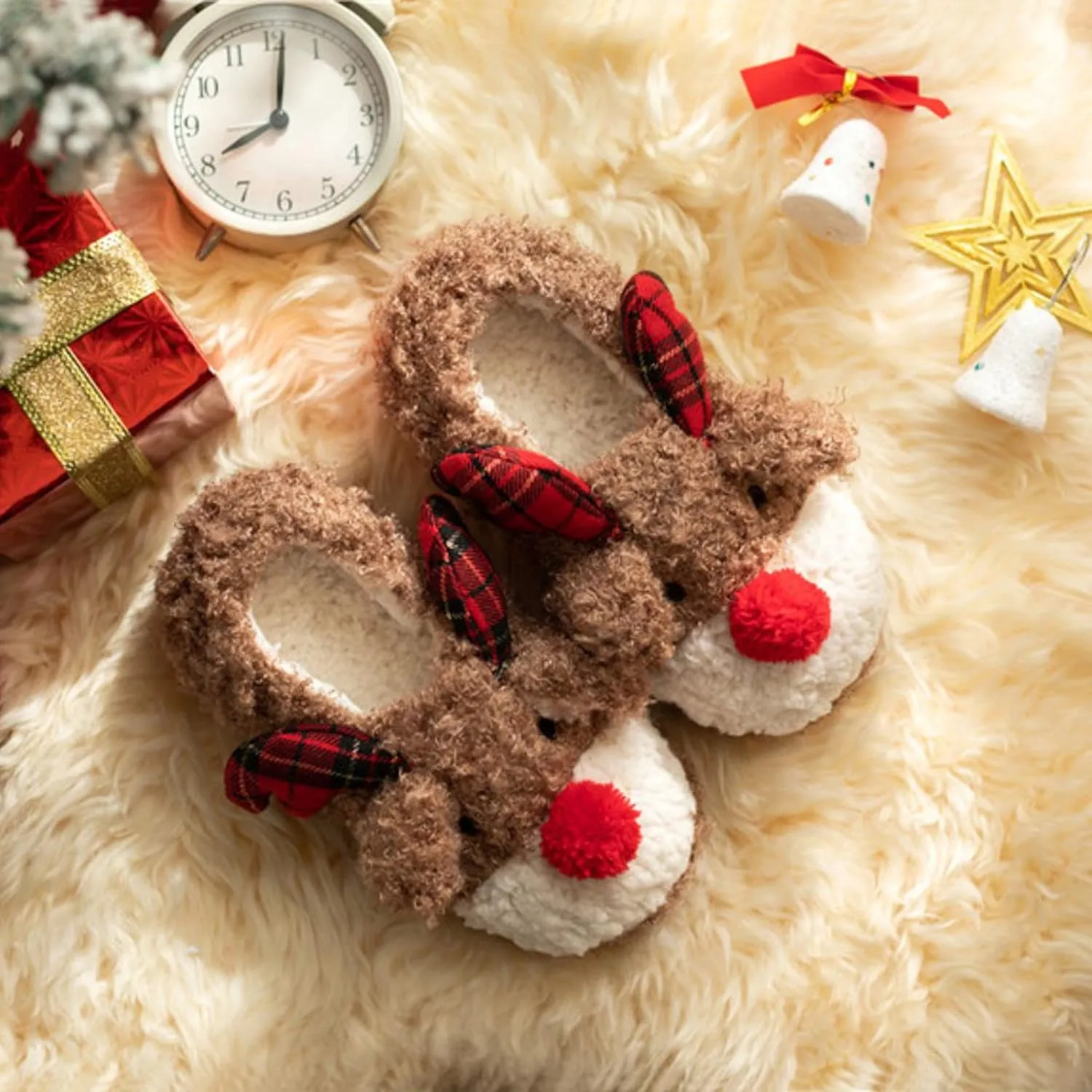 Thgonwid Women's Christmas Cute Deer Plush Soft Warm Home Slippers Indoor Shoes for Outdoor