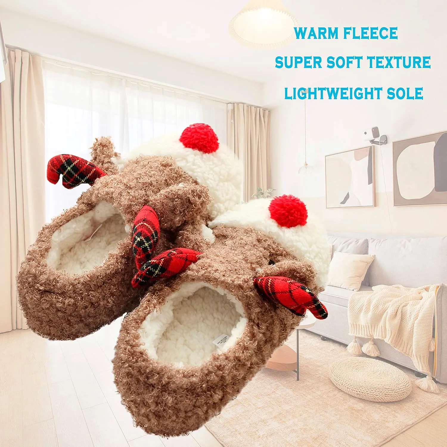 Thgonwid Women's Christmas Cute Deer Plush Soft Warm Home Slippers Indoor Shoes for Outdoor