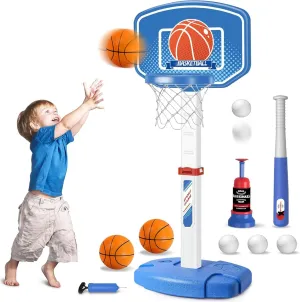Toddler Basketball Hoop & T Ball Set, Adjustable Height Basketball Hoop for Indoor Outdoor Play, Tee Ball Set Sport Toys for Kids Boys Girls
