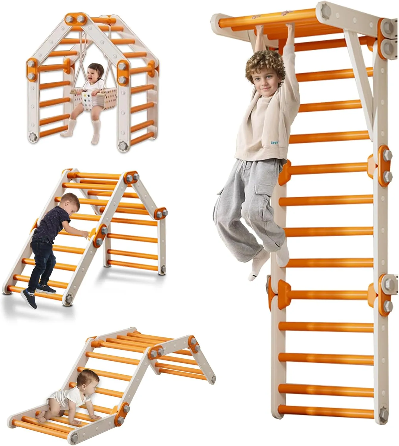 Toddler Climbing Toys,Kids Pikler Triangle Set,Montessori Play Gym,Multifunction Foldable Indoor Climbing Gym for Kids(Orange)