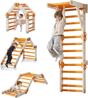 Toddler Climbing Toys,Kids Pikler Triangle Set,Montessori Play Gym,Multifunction Foldable Indoor Climbing Gym for Kids(Orange)