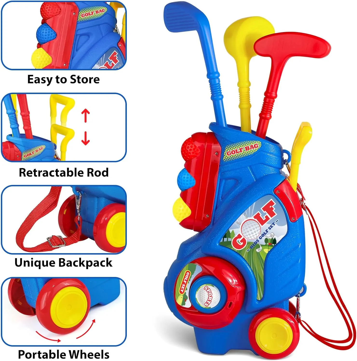 Toddler Golf Set for Boys Girls 2 3 4 5 Years Old, Upgraded Kids Golf Cart with 3 Clubs & 8 Balls, Outdoor Indoor Sports Toys Birthday, Blue