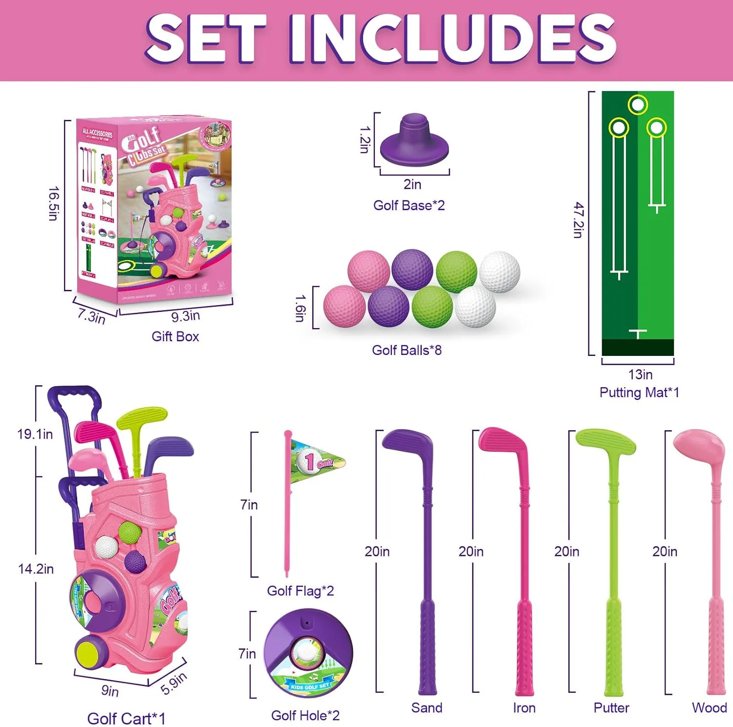 Toddler Golf Set with Putting Mat, 4 Clubs, 8 Balls, 2 Practice Holes for Kids 3-5 Years Old, Indoor Outdoor Sports Toys with Shoulder Strap, 20 Pieces