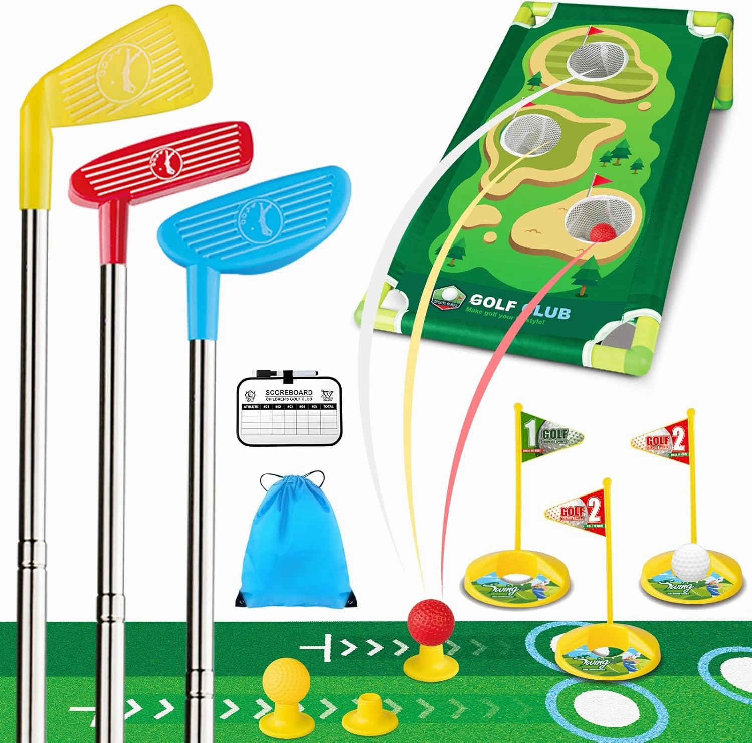 Toddler Golf Set for Boys Girls Aged 3 4 5 6, Retractable Kids Golf Clubs Set with Cornhole Board & Putting Mat, Outdoor Indoor Sports Toy Birthday Gift