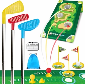 Toddler Golf Set for Boys Girls Aged 3 4 5 6, Retractable Kids Golf Clubs Set with Cornhole Board & Putting Mat, Outdoor Indoor Sports Toy Birthday Gift