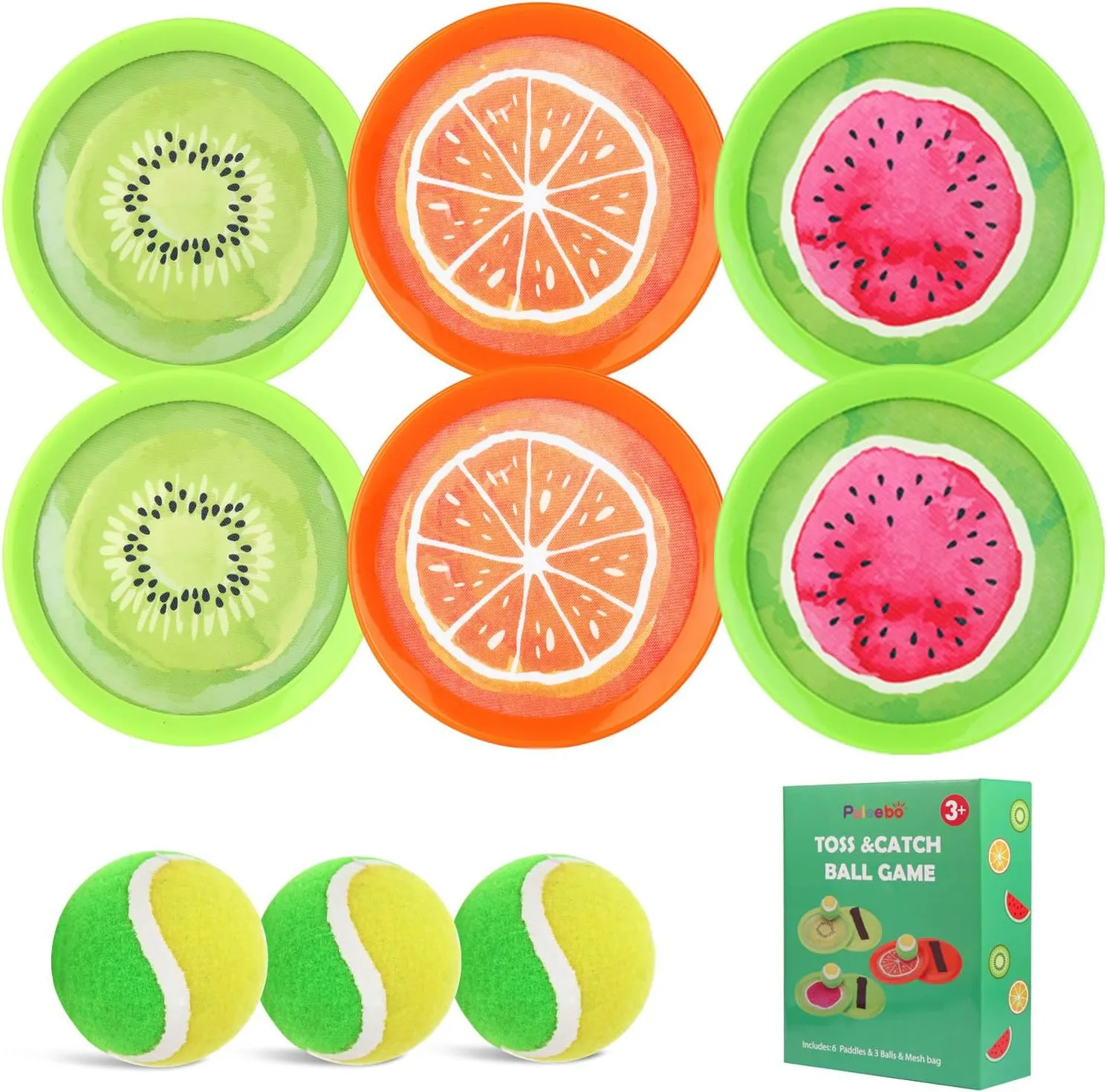 Toss and Catch Ball Game Set - Fruit Design Catch Game for Kids Adults Beach Yard Lawn Outdoor Indoor 6 Sticky Paddles 3 Balls and 1 Storage Bag