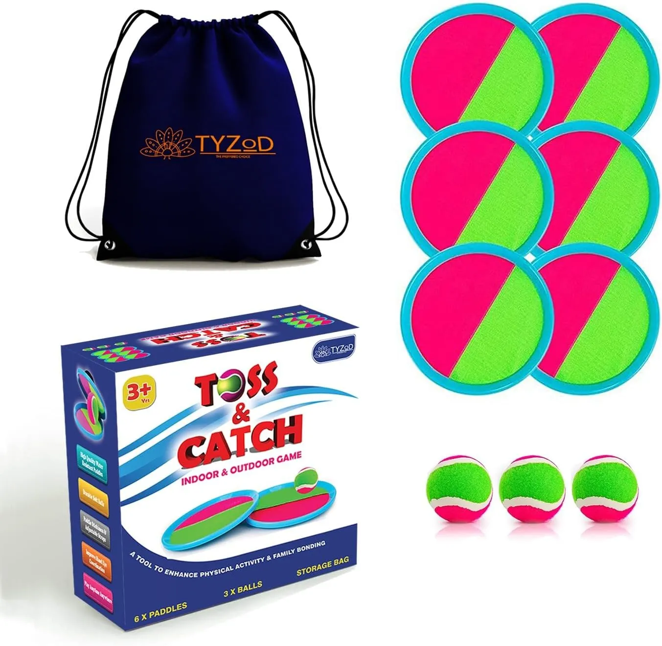 Toss and Catch Ball Set, Outdoor Games, Beach Games for Kids, Toss Ball and Catch Game Set for Kids/Family (6 Paddles, 3 Balls and 1 Storage Bag)