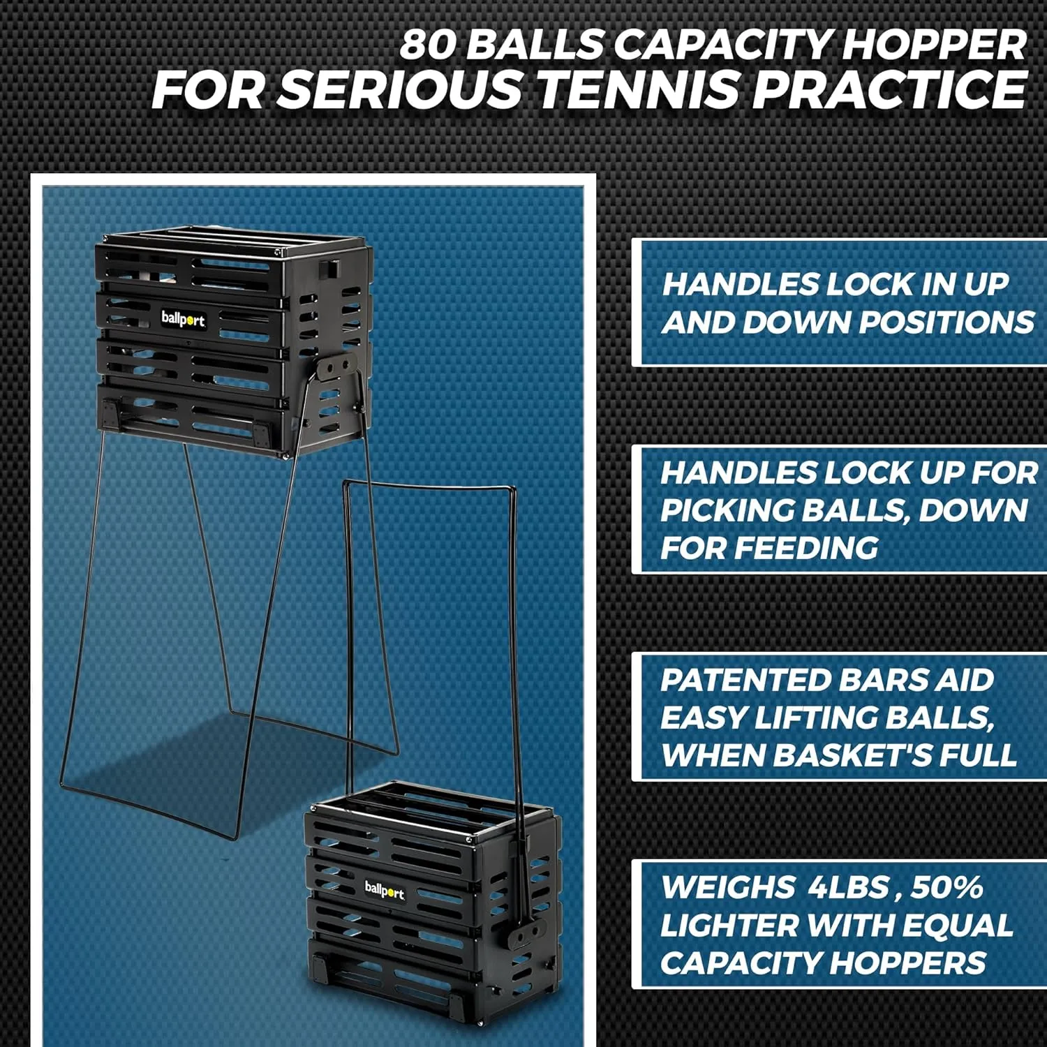Tourna Ballport Tennis Ball Hopper Holds 80 Balls Durable and Lightweight – Black