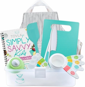 Tovla Jr. Kids Cooking Set - Montessori Kitchen Kit: Knife, Timer, Measuring Cups, Spoons, Apron, Cutting Board, Cookbook & Case, Kid-Safe Educational Gift for Ages 5-12 Girls & Boys.