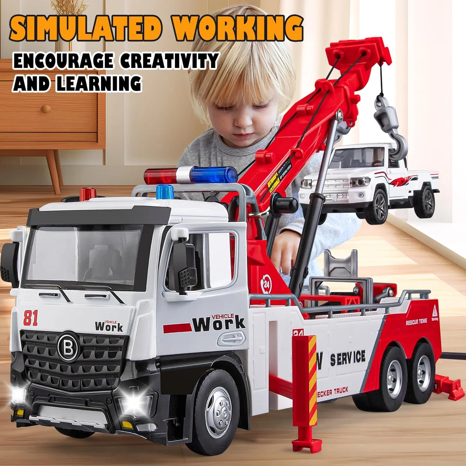 Tow Truck Toy for Boys, Metal Tow Truck with Crane Toy Model, Construction Vehicles with Lights and Sounds, Gift for Kids