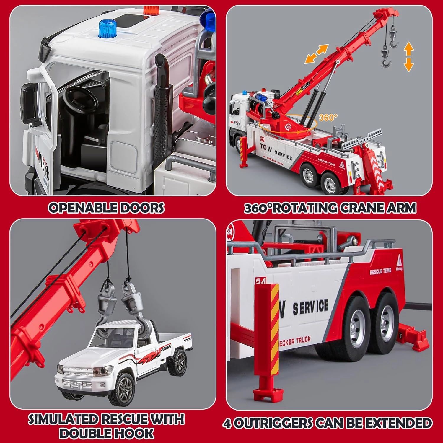 Tow Truck Toy for Boys, Metal Tow Truck with Crane Toy Model, Construction Vehicles with Lights and Sounds, Gift for Kids