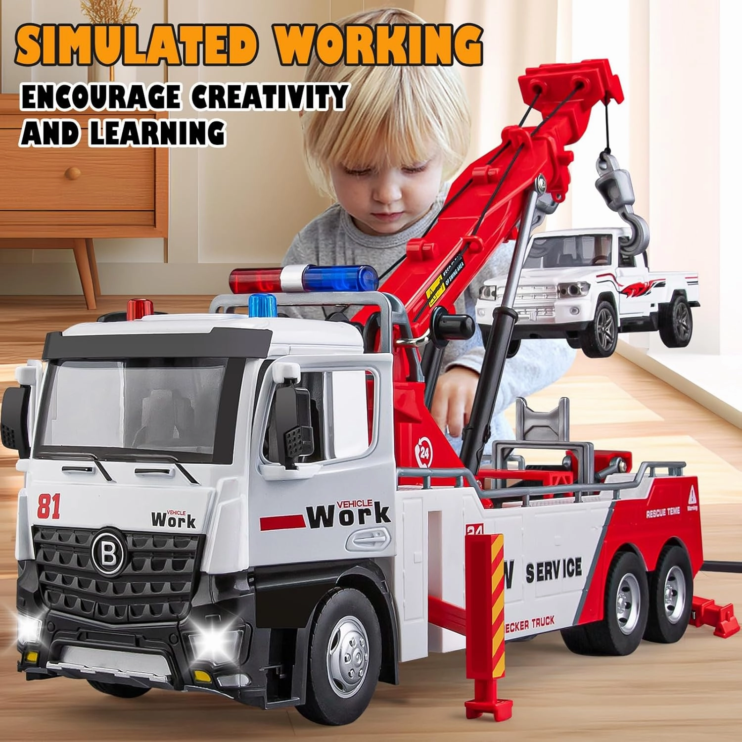 Tow Truck Toy for Boys, Metal Tow Truck with Crane Toy Model, Construction Vehicles with Lights and Sounds, Gift for Kids