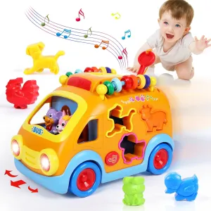 Toy Cars for 1 Year Old Boy Gifts Baby Toys 12-18 Months, Musical Learning Toys for Toddlers 1-3, Educational Baby Bus with Animal Blocks, Christmas Birthday Gift for 1 2 3 4 Year Old Boys Girls Kids