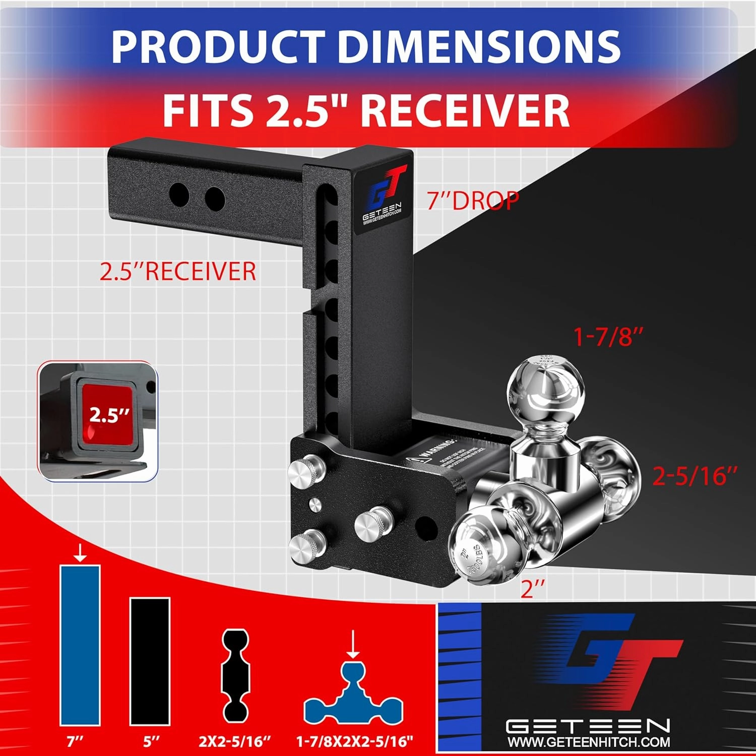 Trailer Hitches, Adjustable Trailer Hitch Ball Mount - Fits 2.0" Receiver, Tri-Ball (1-7/8" x 2" x 2-5/16"), 7" Drop, 10,000 GTW - GT20073B