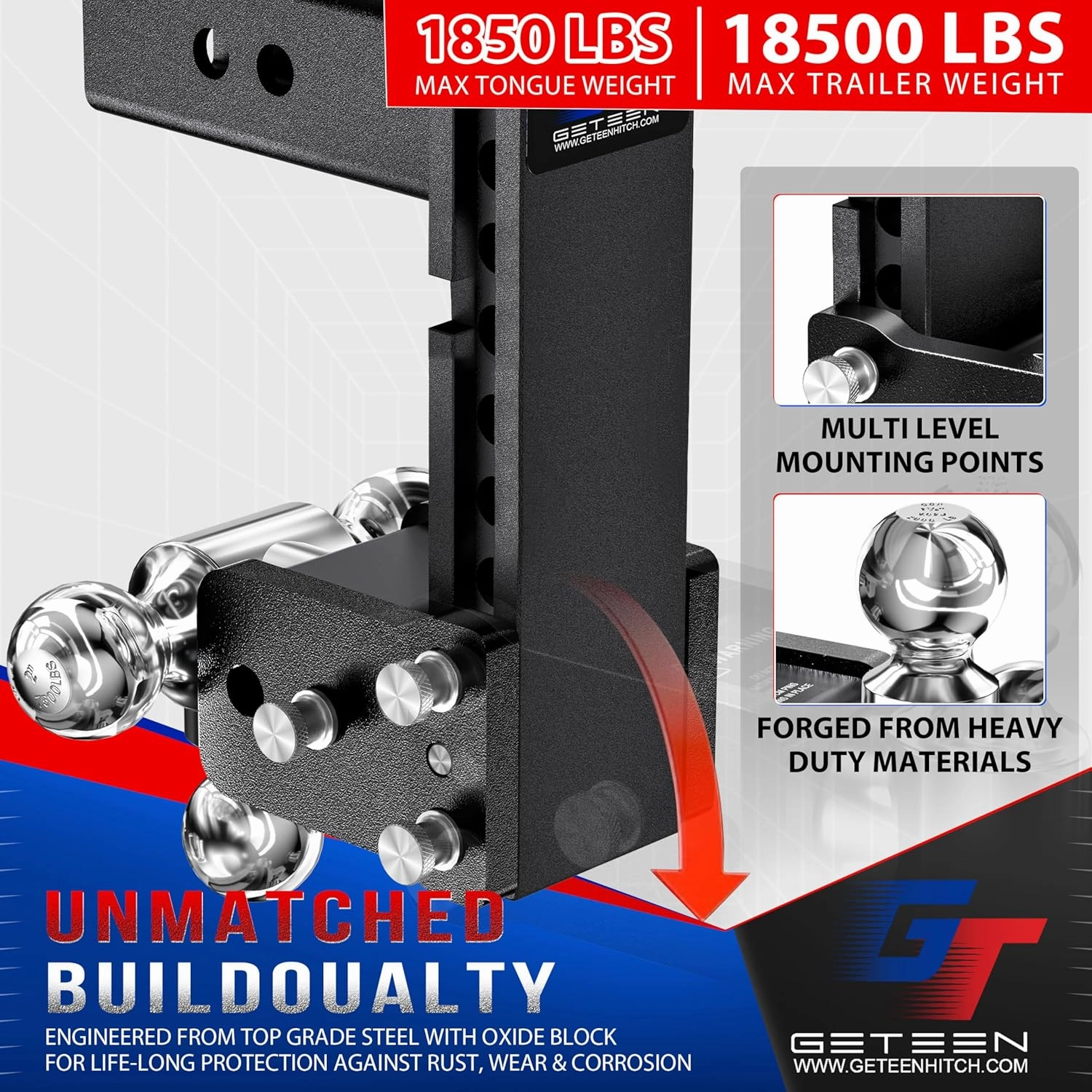 Trailer Hitches, Adjustable Trailer Hitch Ball Mount - Fits 2.0" Receiver, Tri-Ball (1-7/8" x 2" x 2-5/16"), 7" Drop, 10,000 GTW - GT20073B