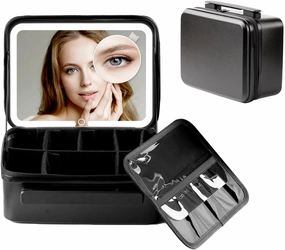 Travel Cosmetic Train Case with Removable Lighted Mirror, Portable Makeup Bag with LED Mirror, Makeup Storage Organizer with Sturdy Adjustable Dividers, 3 Color Lights, Black