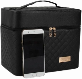 Travel Makeup Organizer 2 Layer Cosmetic Case Makeup Box Black Durable Expandable Large Compartments Easy to Carry