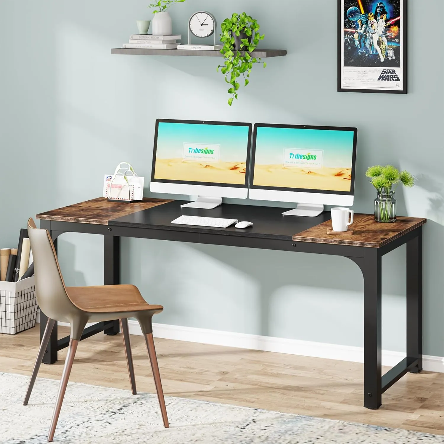 Tribesigns Modern Computer Desk, 63 x 23.6 inch Large Office Desk Computer Table Study Writing Desk Workstation for Home Office, Rustic Brown/Black
