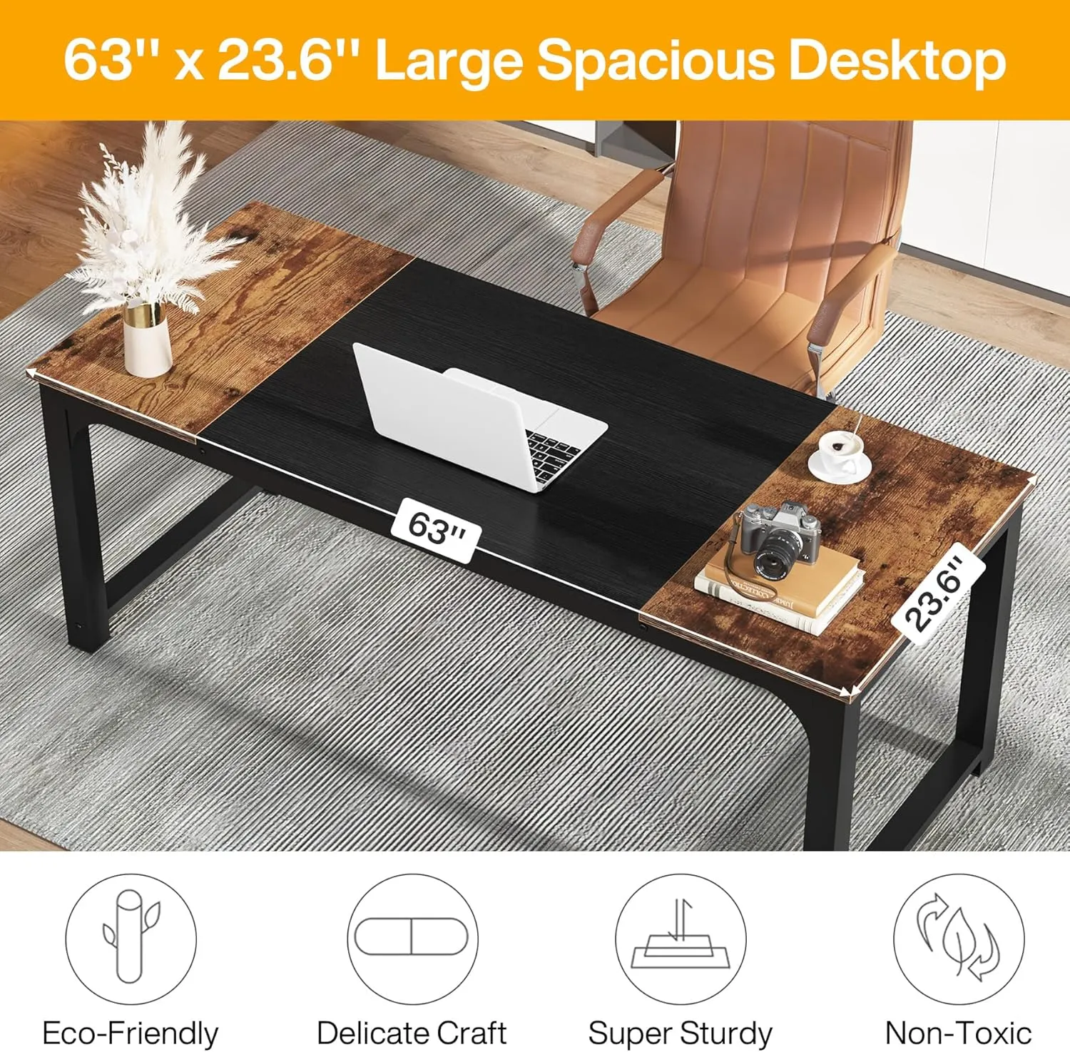 Tribesigns Modern Computer Desk, 63 x 23.6 inch Large Office Desk Computer Table Study Writing Desk Workstation for Home Office, Rustic Brown/Black