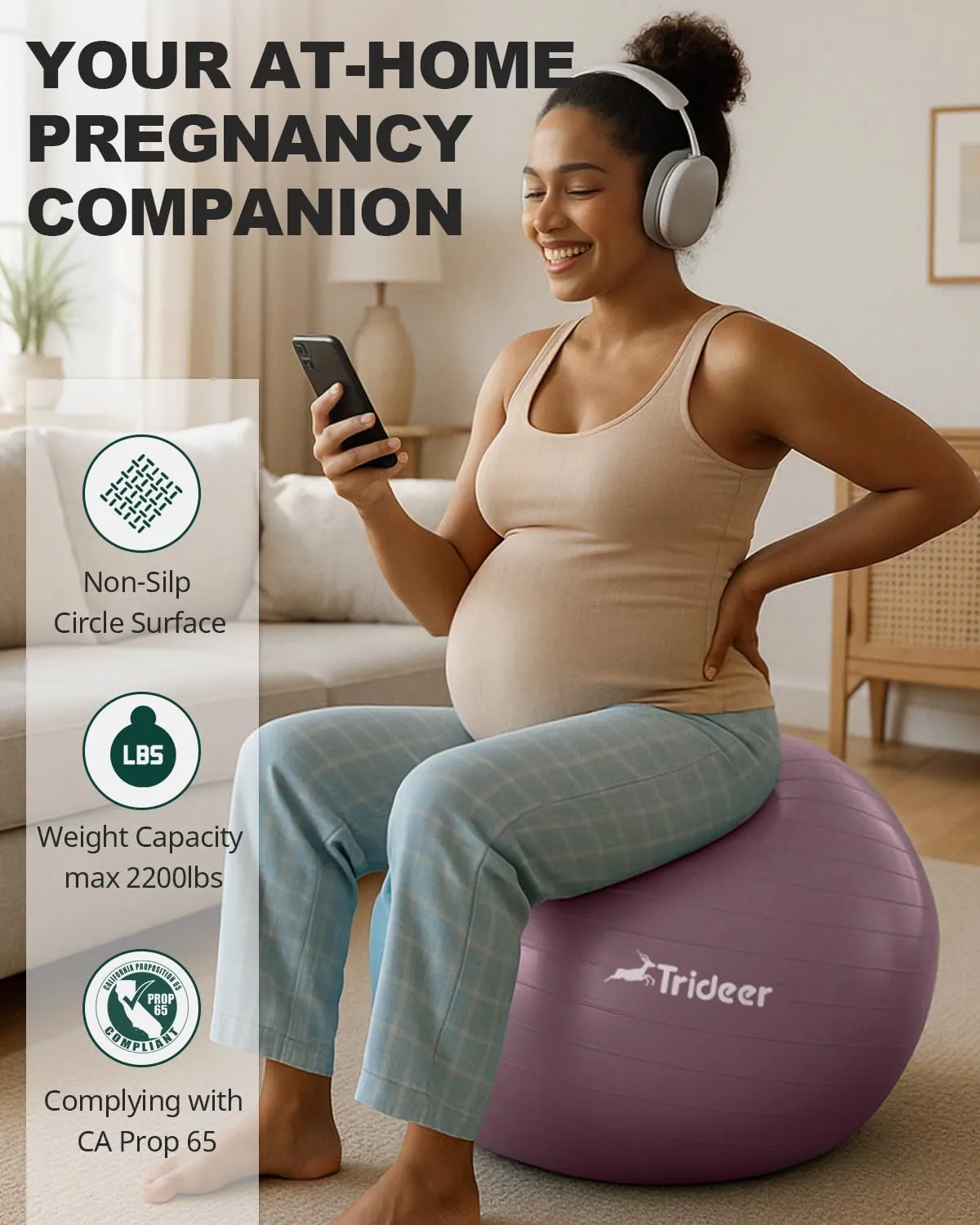 Trideer Yoga Ball - Exercise Ball for Workout pilates Stability - Anti-Burst and Slip Resistant for physical therapy, Birthing, Stretching & Core Workout, Office Ball Chair, Flexible Seating, Home Gym