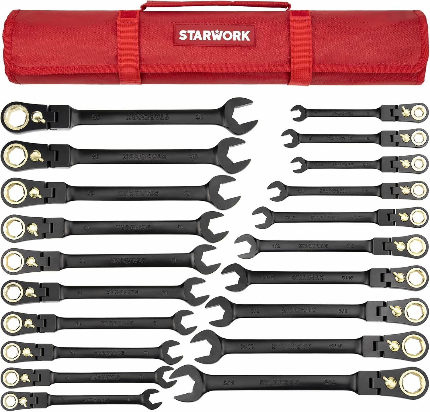 TRUE MECHANIC™ 20-Piece, 120T, Reversible, Flexible Ratcheting Wrench Set, Non-Slip, Long Pattern, SAE/Metric, Professional, With Portable Roll-Up Pouch Bag
