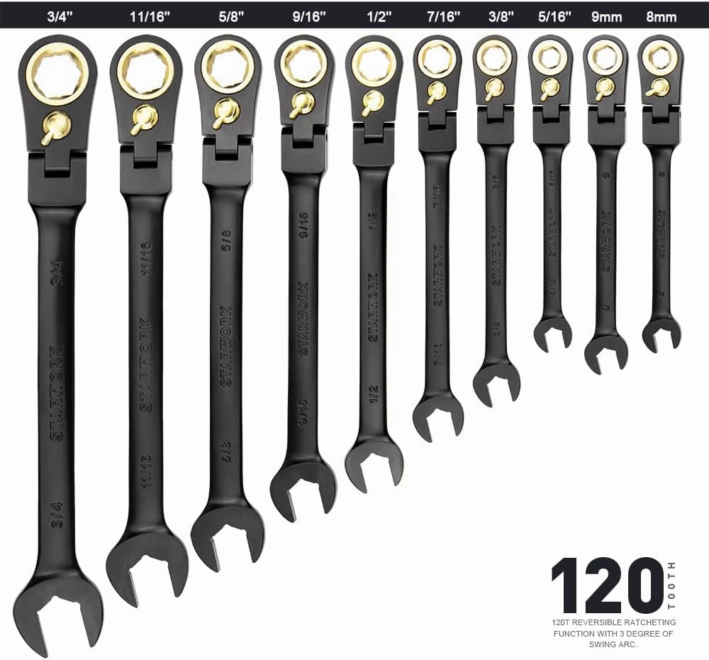TRUE MECHANIC™ 20-Piece, 120T, Reversible, Flexible Ratcheting Wrench Set, Non-Slip, Long Pattern, SAE/Metric, Professional, With Portable Roll-Up Pouch Bag