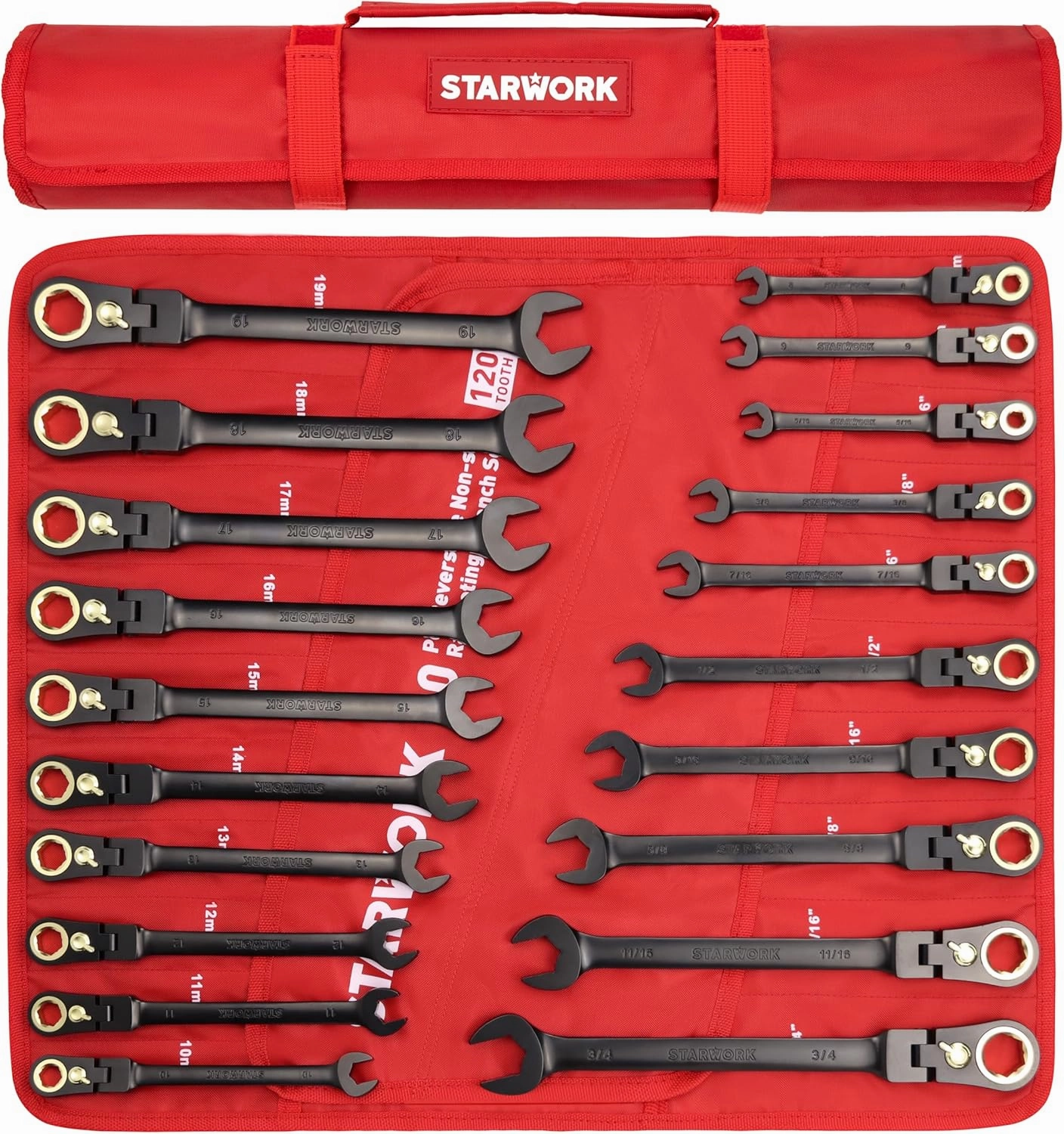 TRUE MECHANIC™ 20-Piece, 120T, Reversible, Flexible Ratcheting Wrench Set, Non-Slip, Long Pattern, SAE/Metric, Professional, With Portable Roll-Up Pouch Bag