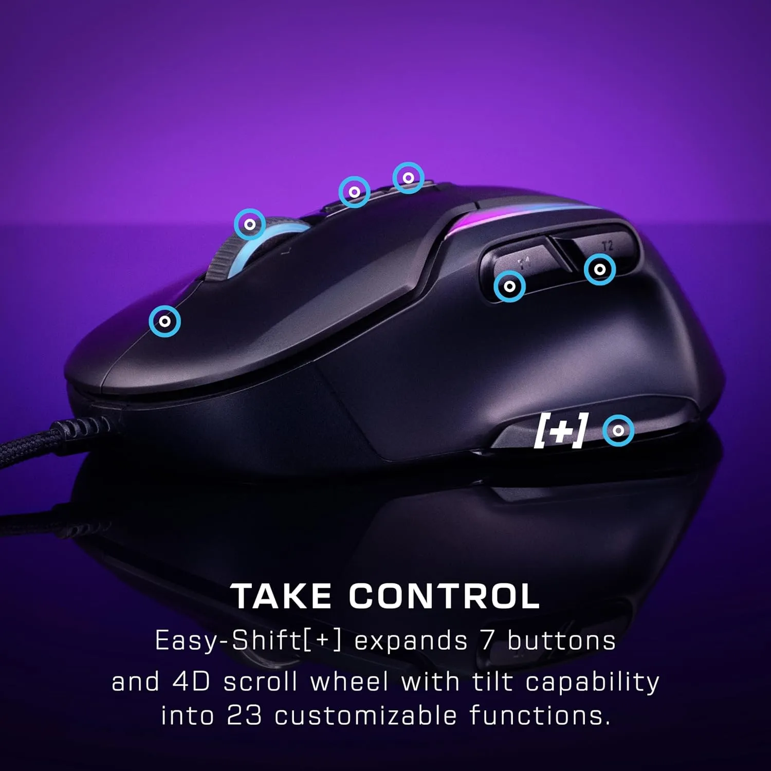 Turtle Beach Kone II – Wired Ergonomic RGB Gaming Mouse, 26K DPI Optical Sensor, 100M Click Life Optical Switches, 23 Customizable Inputs, 4D Scroll Wheel, Pure PTFE Glides - Ash Black